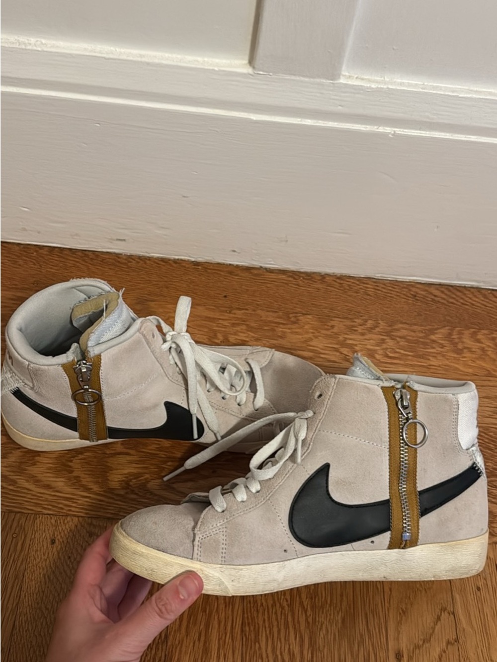 Nike Beige Suede High-Top Sneakers with Black Swoosh and Tan Zipper